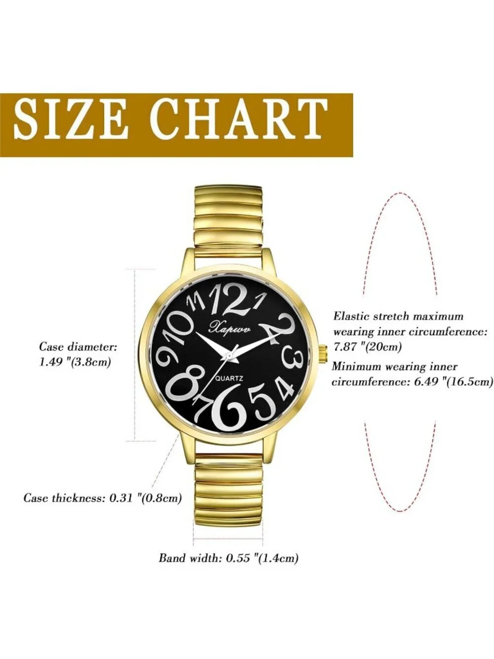 Women's Gold And Black Analog Big Numbers Easy Reader Stretch Band Wrist Watch